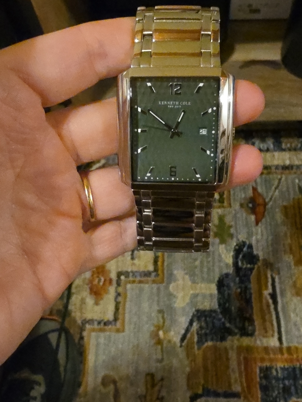 Kenneth Cole New York Rectangle Stainless Steel Green Dial Watch KC3564 Needs Ba